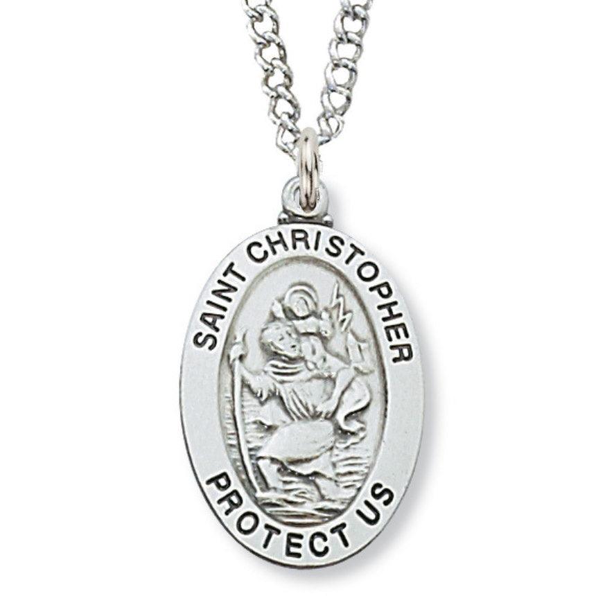St. Christopher Medal 1" Oval Sterling Silver Pendant Necklace - 20" Chain - Saint-Mike.org