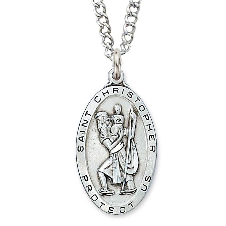 St. Christopher 1.5" Oval Sterling Silver Pendant Necklace - 24" Chain - Saint-Mike.org