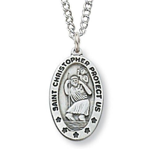 St. Christopher Medal .75" Oval Sterling Silver Necklace - 18" Chain - Saint-Mike.org