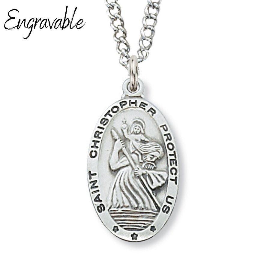 St. Christopher Medal 1" Oval Sterling Silver Pendant Necklace - 18" Chain - Saint-Mike.org