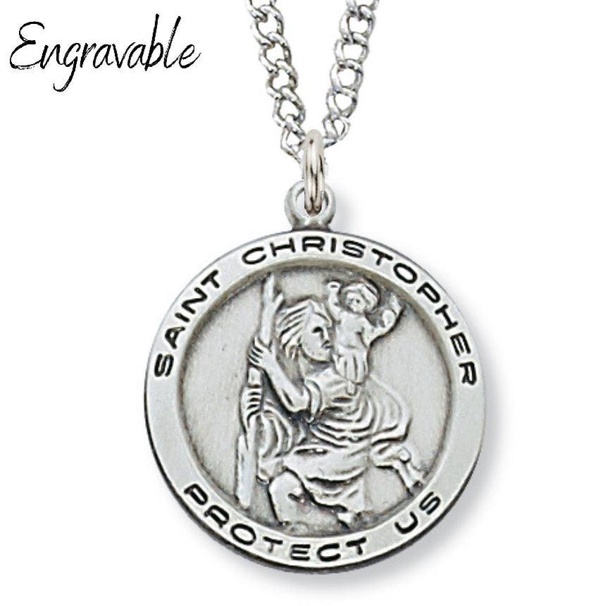 St. Christopher Medal 1" Diameter Sterling Silver Pendant Necklace - 18" Chain - Saint-Mike.org