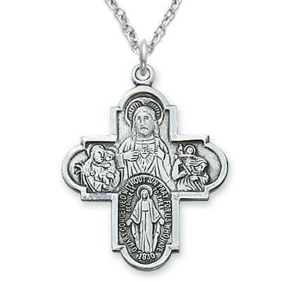 Large Iconography Sterling Silver Four-way Medal 1" Pendant - 20" Chain - Saint-Mike.org