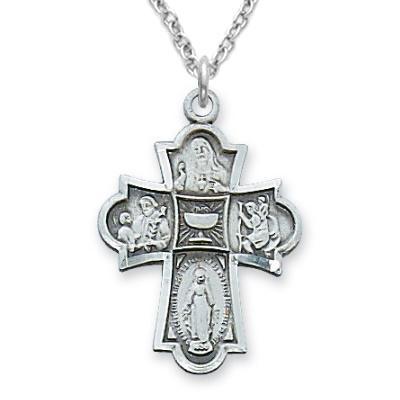 First Communion Chalice Four-way Medal Necklace .9375" Pendant - 18" Chain - Saint-Mike.org