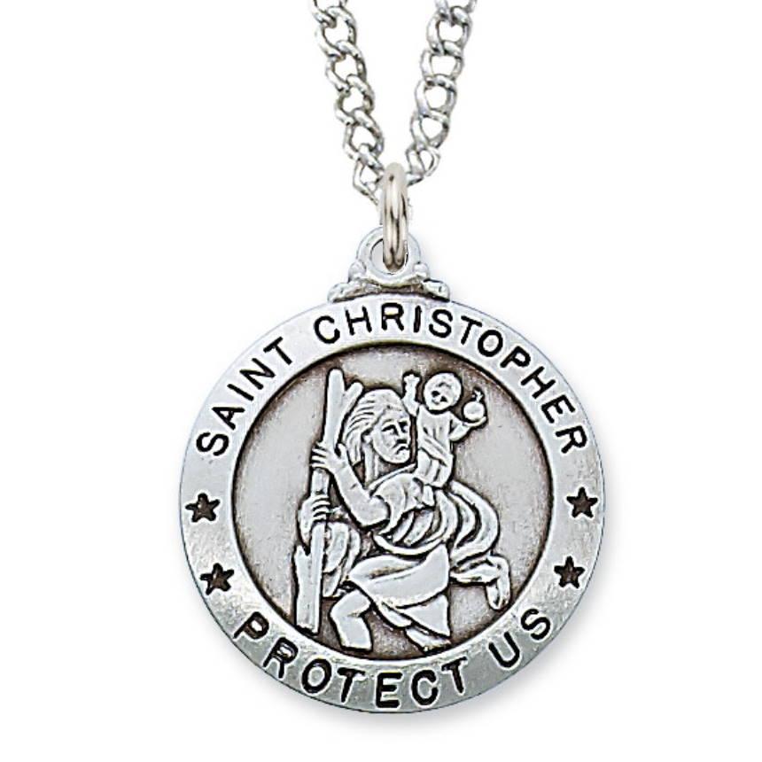 St. Christopher 1" Sterling Silver Pendant Necklace - 24" Chain - Saint-Mike.org