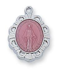 Tiny Pink Enamel and Sterling .5" Miraculous Medal - 18" Chain - Saint-Mike.org