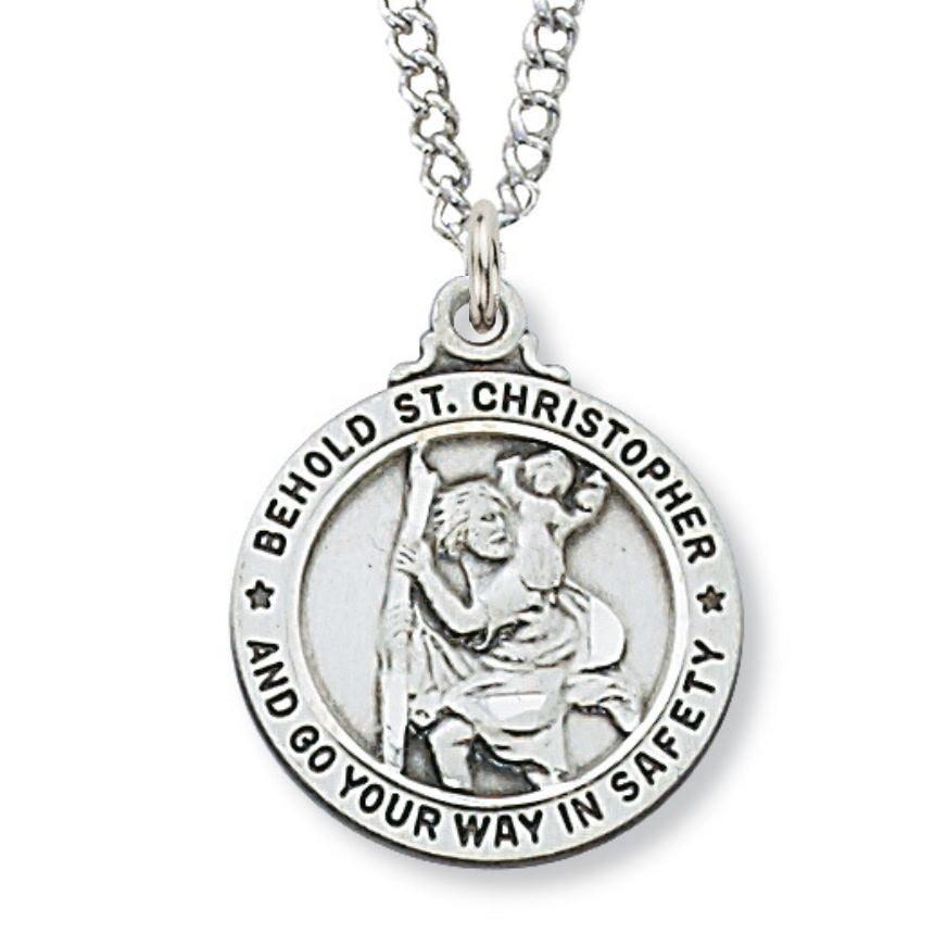 St. Christopher Medal .938" Diameter Sterling Silver Pendant Necklace - 20" Chain - Saint-Mike.org