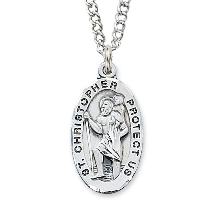 St. Christopher Medal 1.125" Oval Sterling Silver Hammered Edge Pendant Necklace - 24" Chain - Saint-Mike.org