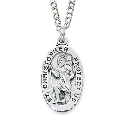 St. Christopher Medal 1.125" Oval Sterling Silver Hammered Edge Pendant Necklace - 24" Chain - Saint-Mike.org