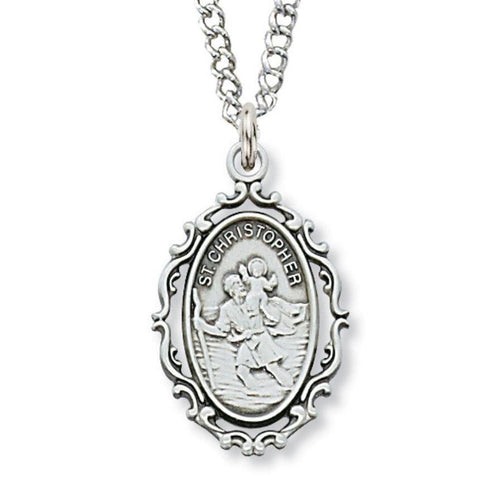 St. Christopher Medal 1" Long Ornate Sterling Silver Pendant Necklace - 18" Chain - Saint-Mike.org
