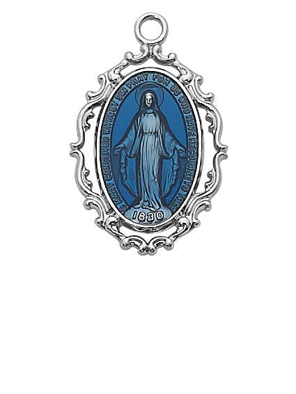 Dark Blue Enamel with Sterling Silver Blessed Mary Necklace - 18" Chain - Saint-Mike.org