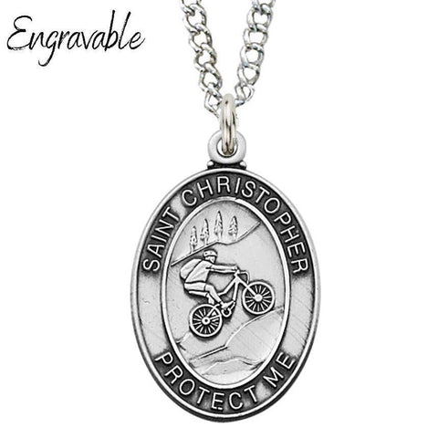 St. Christopher Boys Biking Medal 1.125" Sterling Silver Pendant Necklace - 24" Chain - Saint-Mike.org