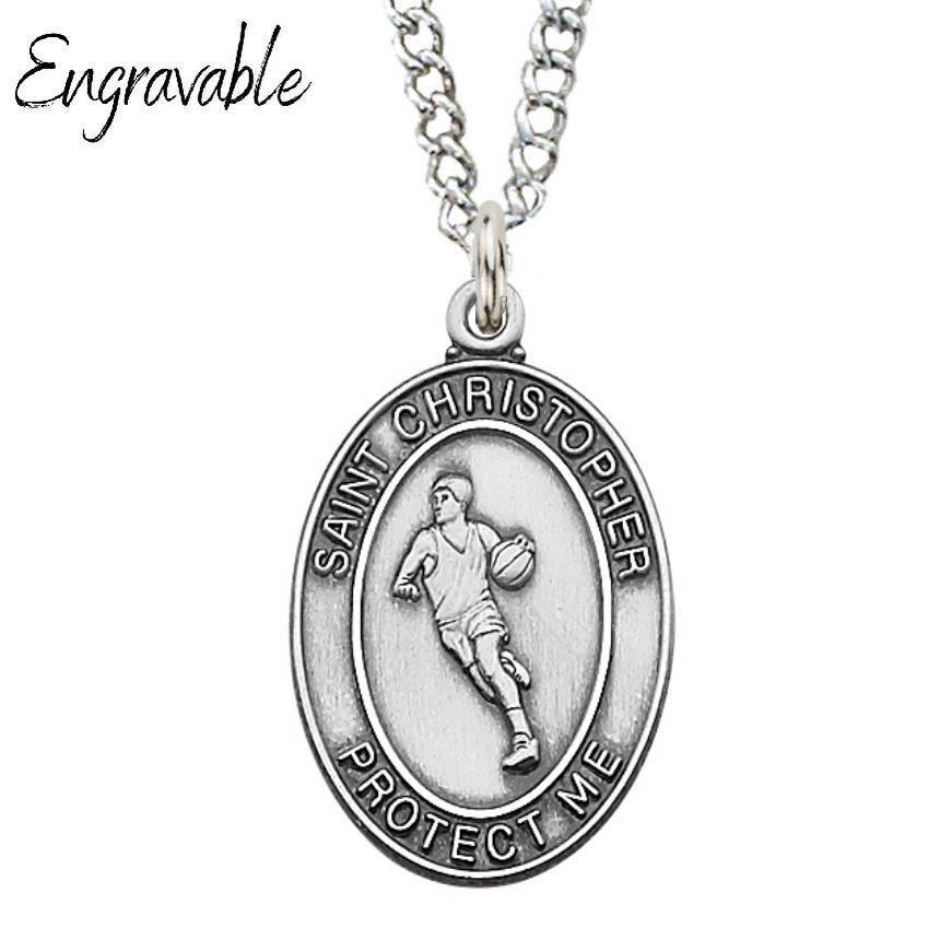 St. Christopher Sterling Silver 1.125" Basketball Medal - 24" Chain - Saint-Mike.org