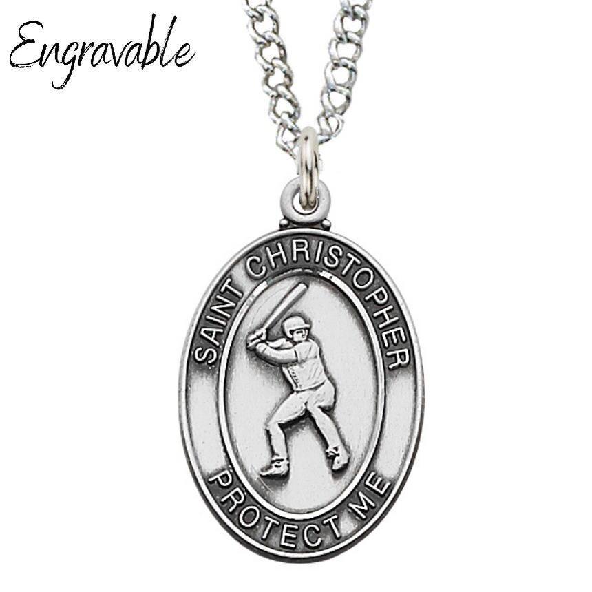 St. Christopher Baseball Medal 1.125" Sterling Silver Necklace - 24" Chain - Saint-Mike.org