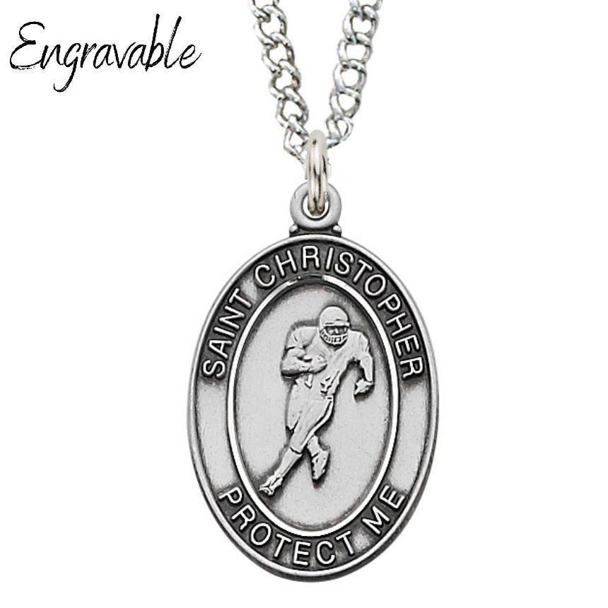 St. Christopher Football Medal 1.125" Sterling Silver Pendant Necklace - 24" Chain - Saint-Mike.org