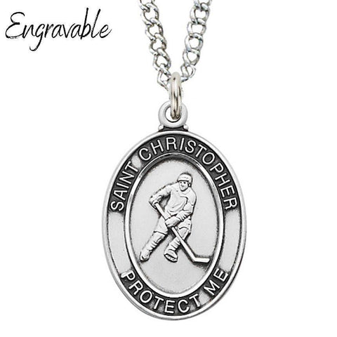 St. Christopher Hockey 1.125" Sterling Silver Pendant - 24" Chain - Saint-Mike.org