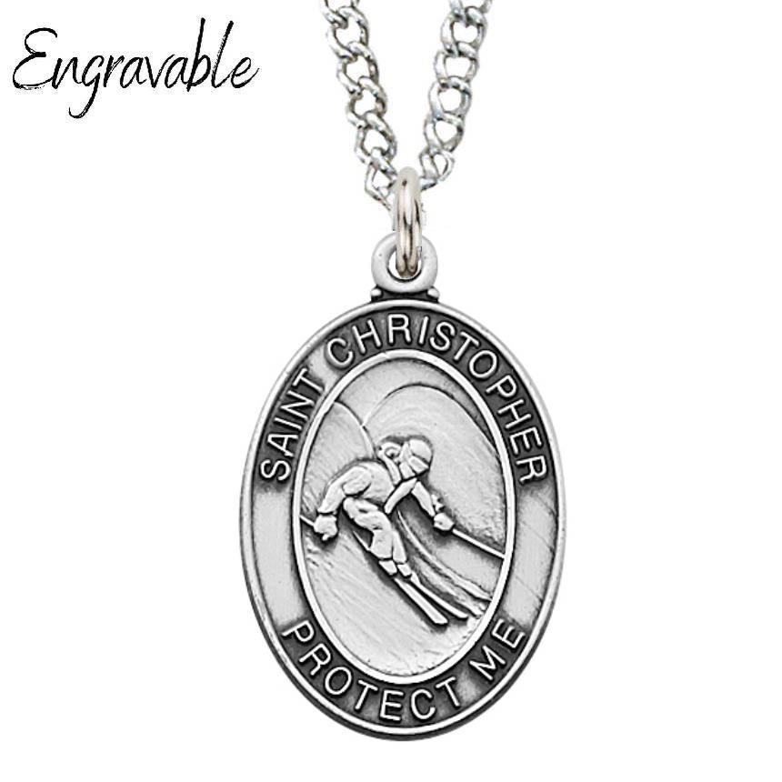 St. Christopher Skiing Medal 1.125" Sterling Silver - 24" Chain - Saint-Mike.org