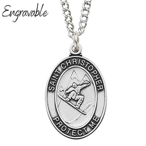 St. Christopher Snowboarding Pendant 1.125" Sterling Silver - 24" Chain - Saint-Mike.org