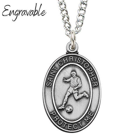 St. Christopher Soccer Sterling Pendant 1.125" Necklace - 24" Chain - Saint-Mike.org