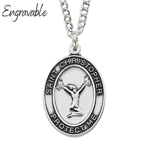St. Christopher Girls Cheerleading 1" Sterling Silver Medal - 18" Chain - Saint-Mike.org