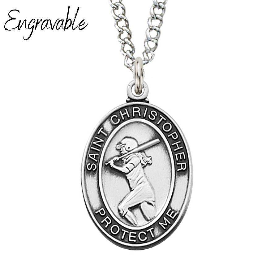 St. Christopher Girls Softball Medal 1" Sterling Silver Pendant Necklace - 18" Chain - Saint-Mike.org