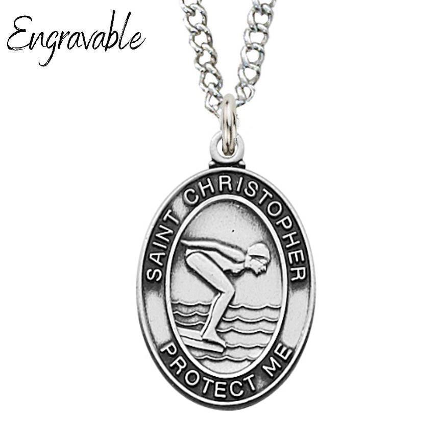 St. Christopher Girls Swimming 1" Sterling Silver Medal - 18" Chain - Saint-Mike.org