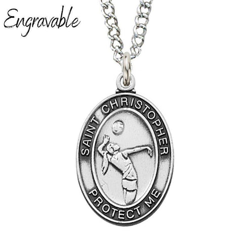 St. Christopher Girls Volleyball 1" Sterling Silver Pendant Necklace - 18" Chain - Saint-Mike.org