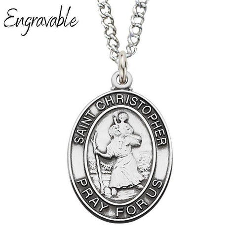 St. Christopher Medal 1.065" Oval Sterling Silver Pendant Necklace - 24" Chain - Saint-Mike.org