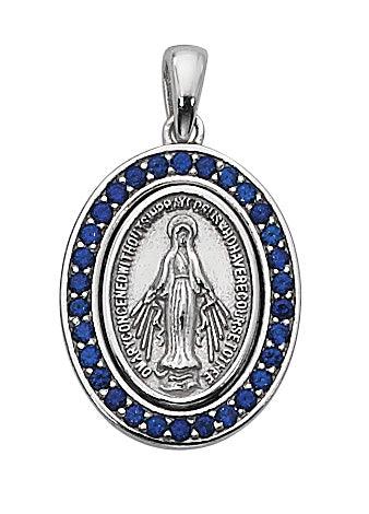 Navy Blue Stone Virgin Mary Necklace on Sterling Silver - 18" Chain - Saint-Mike.org