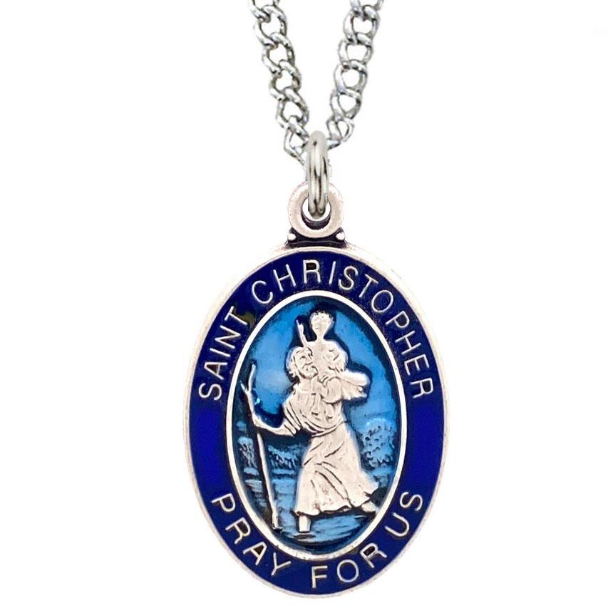 St. Christopher 1.016" Sterling Silver Two Toned Epoxy Necklace - 24" Chain - Saint-Mike.org