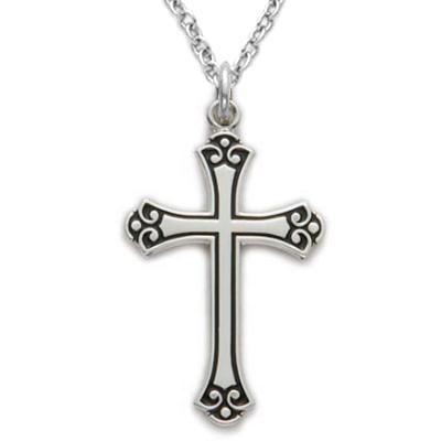 Men's Sterling Cross Pendant Chain with Elegant Black Fill -  18" Chain - Saint-Mike.org