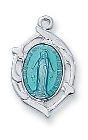 Small Sterling and Blue Enamel .75" Miraculous Medal - 16" Chain - Saint-Mike.org