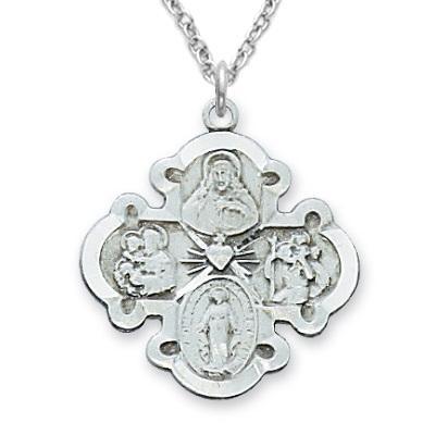 Rounded Cross Four-way Sterling Medal Chain .875" Pendant - 20" Chain - Saint-Mike.org