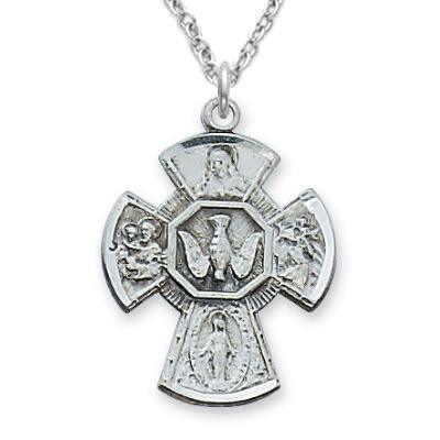 Circular Four-way Holy Spirit Sterling Medal Necklace .875" Pendant - 18" Chain - Saint-Mike.org