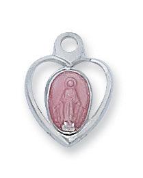 Tiny Heart Shaped Pink Enamel .5" Miraculous Medal - 16" Chain - Saint-Mike.org