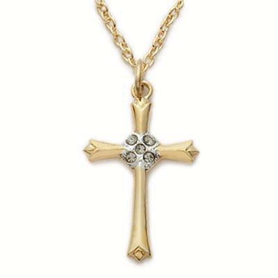 Ladies Gold Cross Necklace Cubic Zirconia Stone Sterling Center - 18" Chain - Saint-Mike.org