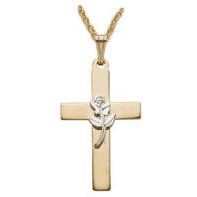 Simple Gold Cross Necklace with Center Rose - 18" Chain - Saint-Mike.org