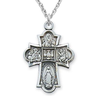 Large Four-way Sterling Silver Medal Cross Necklace 1" Pendant - 18" Chain - Saint-Mike.org