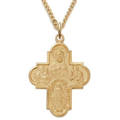 Large Iconography Gold Four-way Medal Necklace 1" Cross Pendant - 18" Chain - Saint-Mike.org