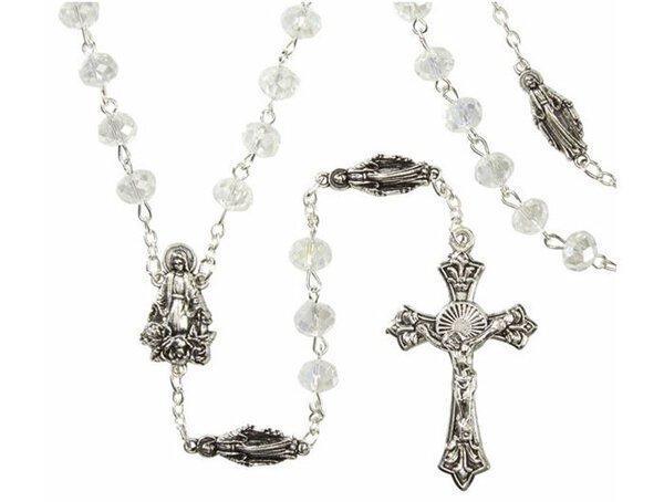 Marian Centerpiece Crystal Bead Rosary (White) - 6x8mm Bead - Saint-Mike.org