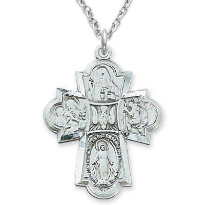 Men's Four-way Holy Spirit Cross Necklace Sterling 1.25" Pendant - 24" Chain - Saint-Mike.org