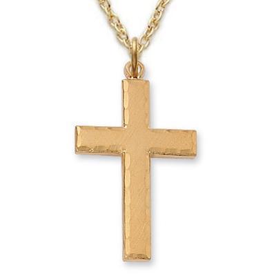 Men's Gold Cross Necklace Hammered Edges 1.1875" Pendant - 24" Chain - Saint-Mike.org