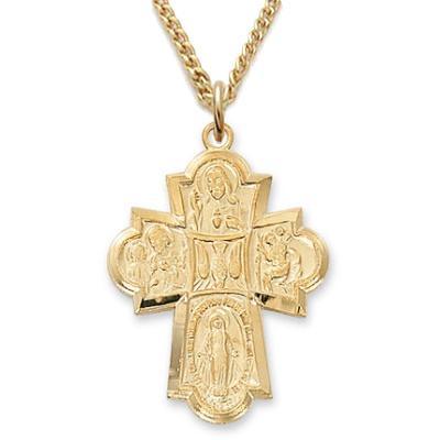 Men's Large Gold Four-way Medal Cross Necklace 1.1875" Pendant - 24" Chain - Saint-Mike.org