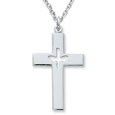 Men's Silver Cross Necklace Holy Spirit Cut-out 1.3125" Pendant - 24" Chain - Saint-Mike.org