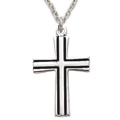 Men's Sterling Silver Cross Necklace with Black Fill Lines - 18" Chain - Saint-Mike.org