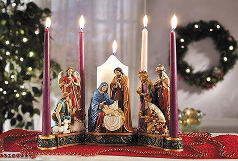 Nativity Advent Pillar Candle Holder (O Come Emmanuel Collection) - 12.75" W - Saint-Mike.org