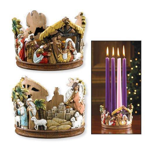 Nativity Advent Wreath Candle Holder (O Come Emmanuel Collection) - 5.5" W - Saint-Mike.org