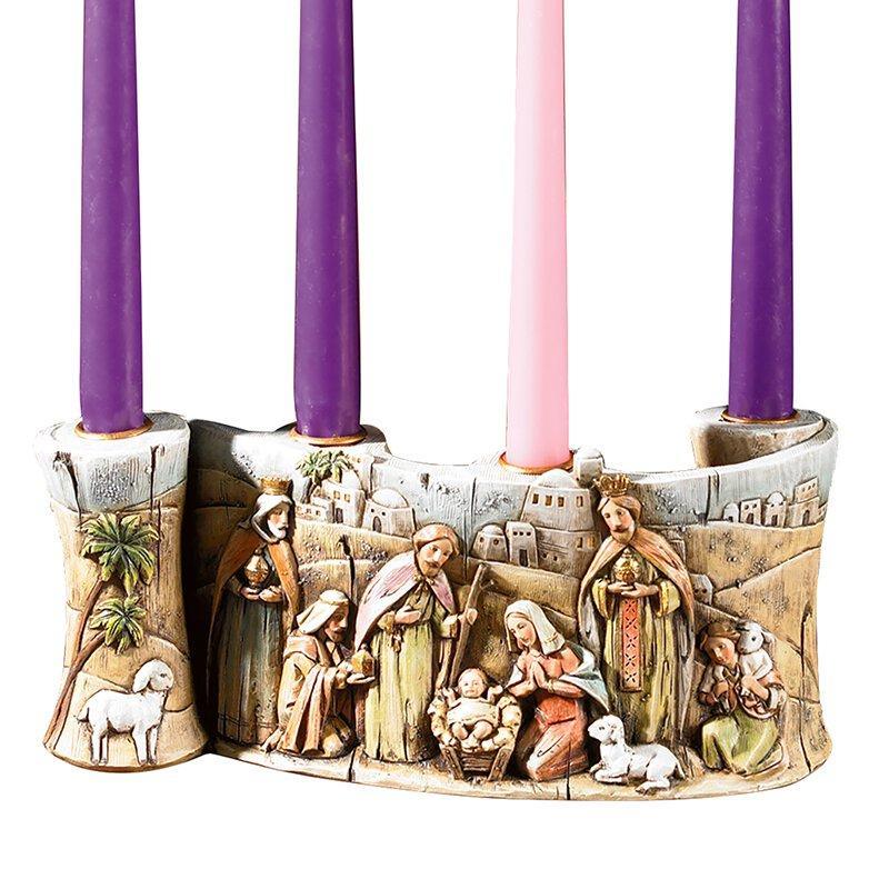 Nativity Scroll Advent Candle Holder (O Come Emmanuel Collection) - 10" L - Saint-Mike.org
