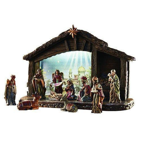 Nativity Set Figurines With Lighted Stable (11 piece) - 7" H Stable - Saint-Mike.org