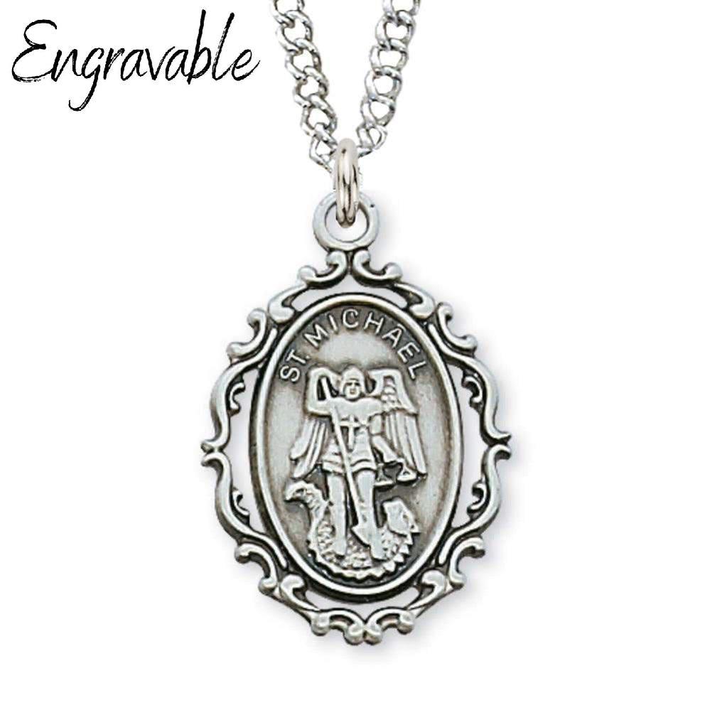 Ornate Sterling Silver St. Michael Pendant - 18" Chain - Saint-Mike.org