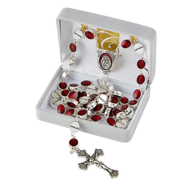 Our Lady of Guadalupe Silver Plated Red Enamel Rosary (Venetian Collection) - 7x10mm Bead - Saint-Mike.org